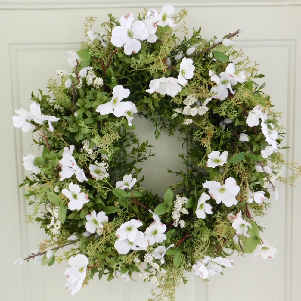 Year Round Greenery Wreath with White Dogwood and Willow Branches Spring